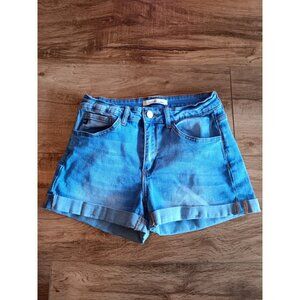 Kancan Kurvy Mid Rise Stretch Shorts Cuffed Blue Denim Jean Size 27